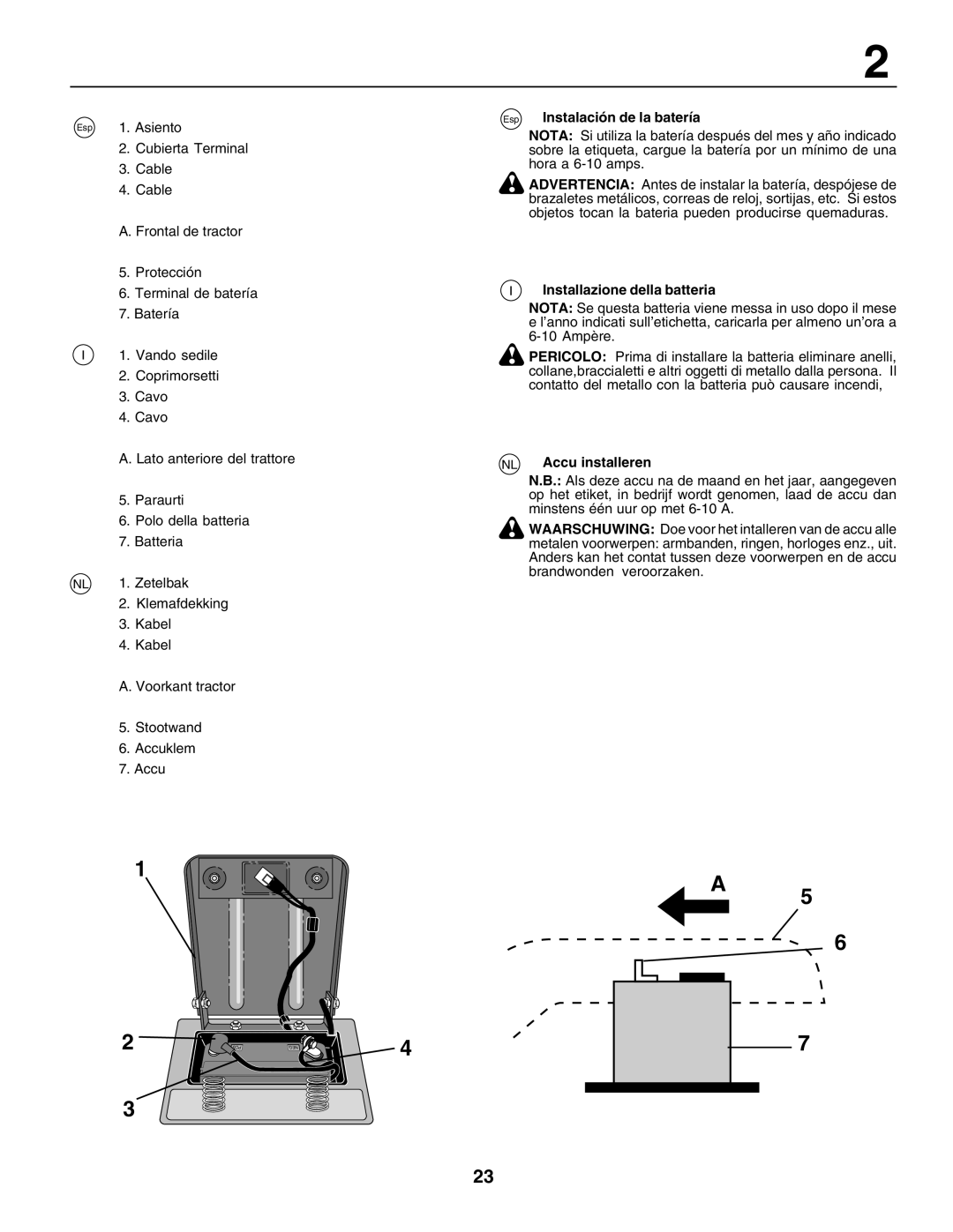 Husqvarna LT125 instruction manual Esp Instalación de la batería, Installazione della batteria, NL Accu installeren 