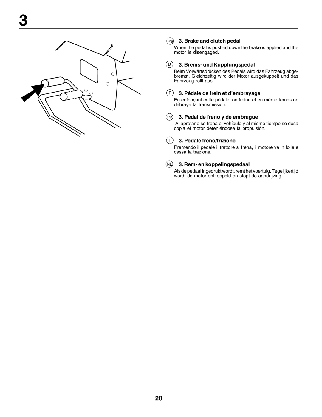 Husqvarna LT125 instruction manual Eng 3. Brake and clutch pedal, Brems- und Kupplungspedal, Pédale de frein et d’embrayage 