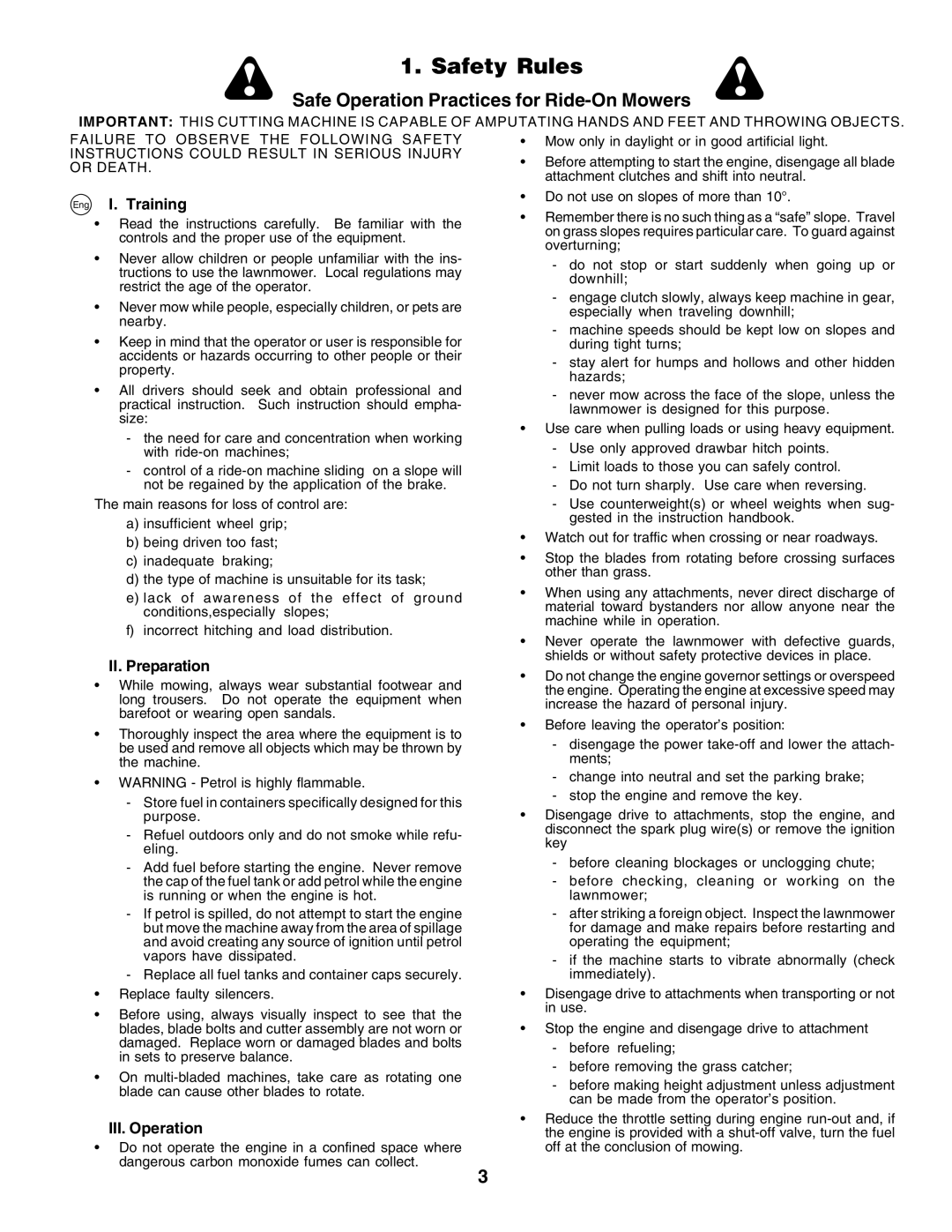 Husqvarna LT125 instruction manual Safety Rules, Eng I. Training, II. Preparation, III. Operation 