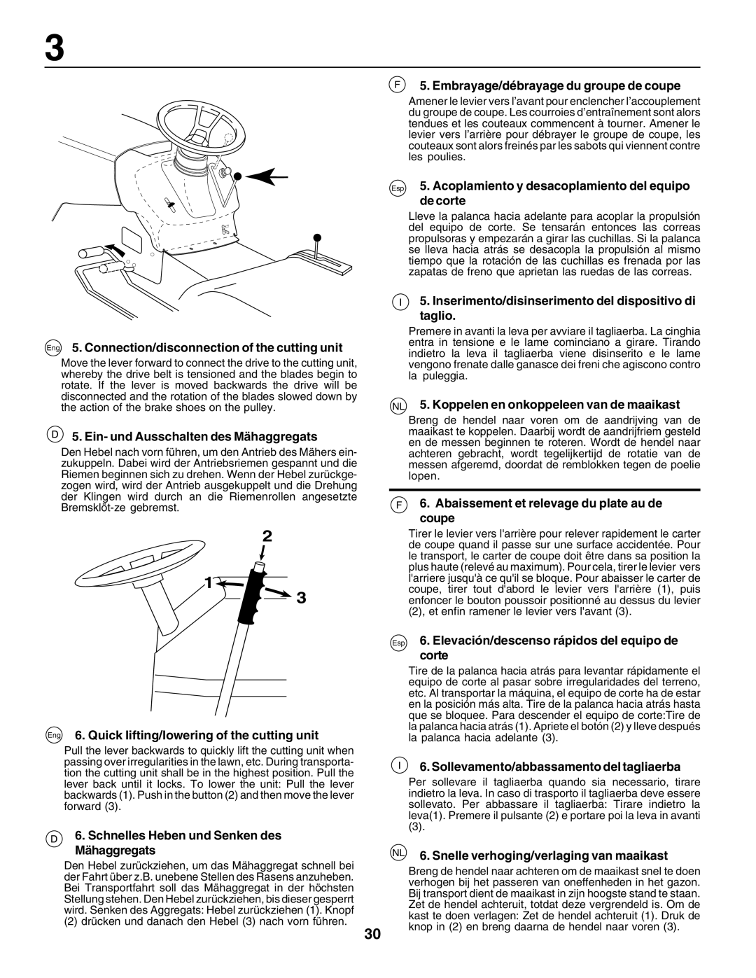 Husqvarna LT125 Eng 5. Connection/disconnection of the cutting unit, Ein- und Ausschalten des Mähaggregats 