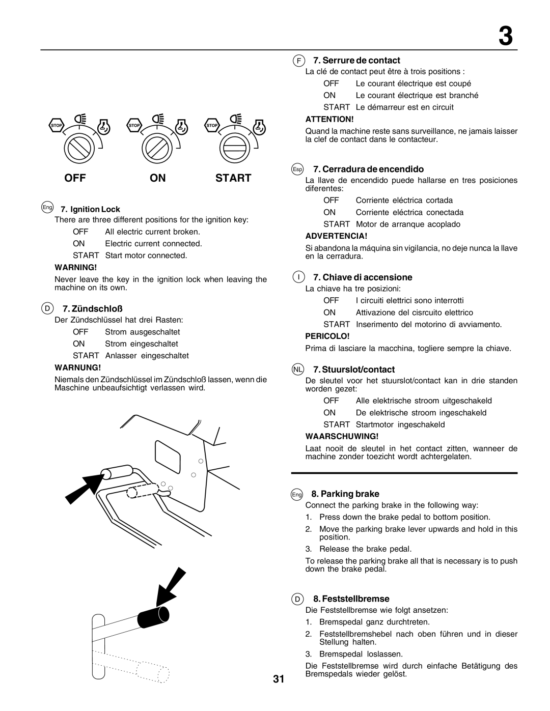 Husqvarna LT125 Serrure de contact, Esp 7. Cerradura de encendido, Zündschloß, Chiave di accensione, Eng 8. Parking brake 