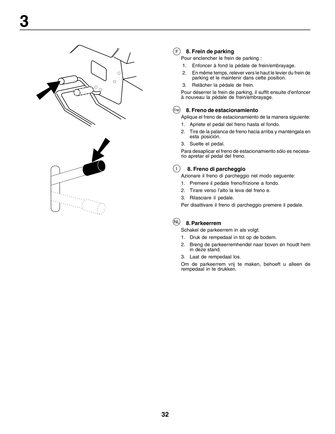 Husqvarna LT125 instruction manual Frein de parking, Esp 8. Freno de estacionamiento, Freno di parcheggio, NL 8. Parkeerrem 