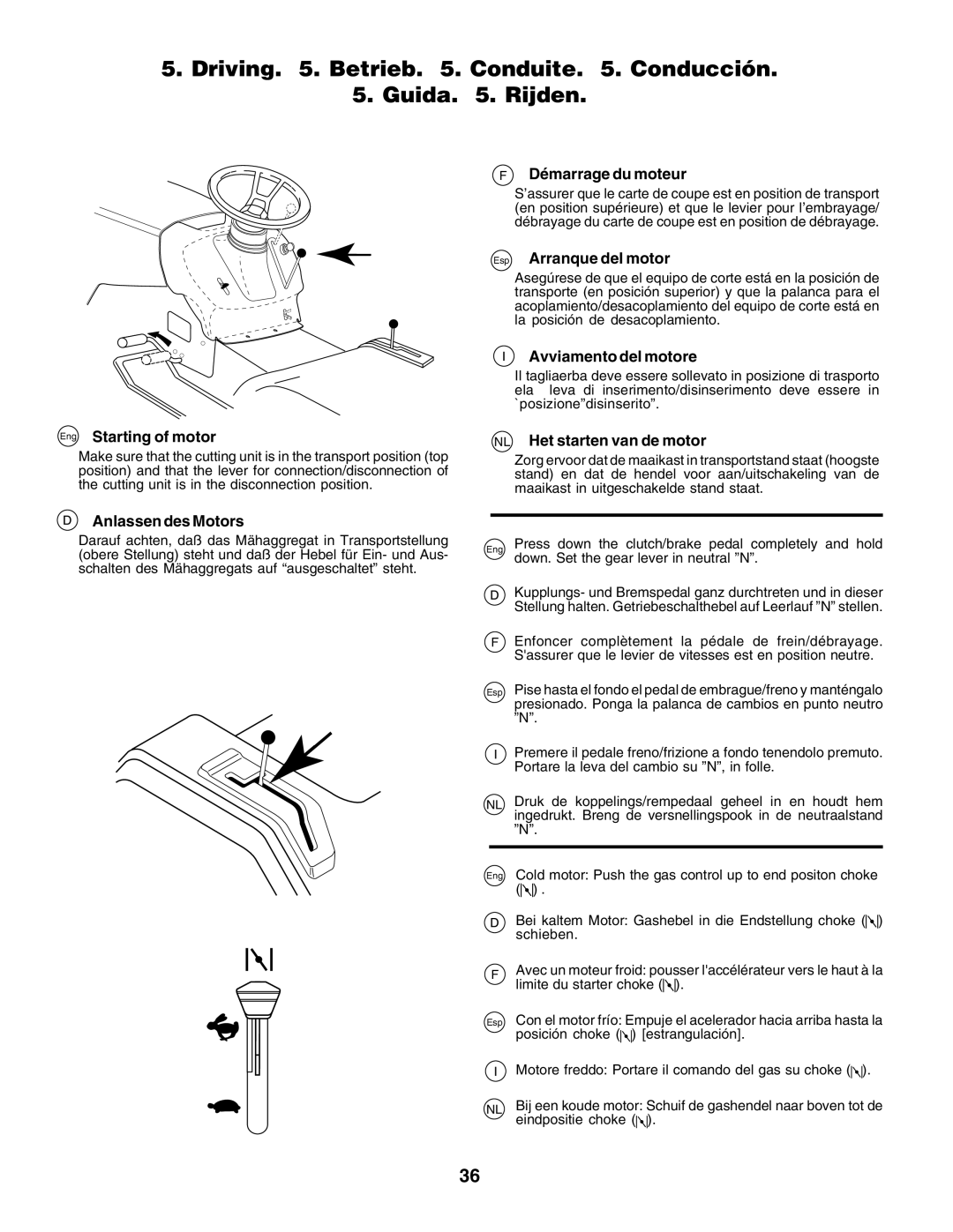 Husqvarna LT125 instruction manual Driving . Betrieb . Conduite . Conducción Guida . Rijden 