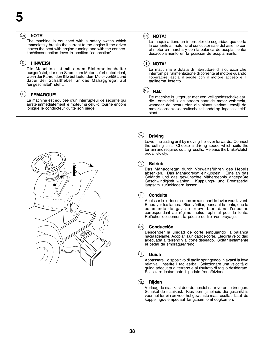 Husqvarna LT125 instruction manual Eng Driving, Betrieb, Conduite, Esp Conducción, Guida, NL Rijden 