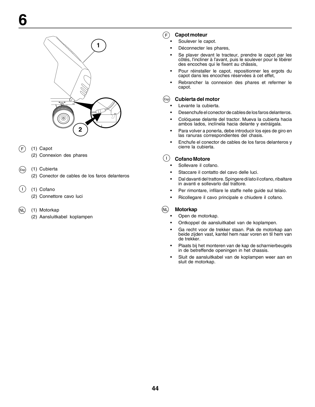 Husqvarna LT125 instruction manual Capot moteur, Esp Cubierta del motor, Cofano Motore, NL Motorkap 