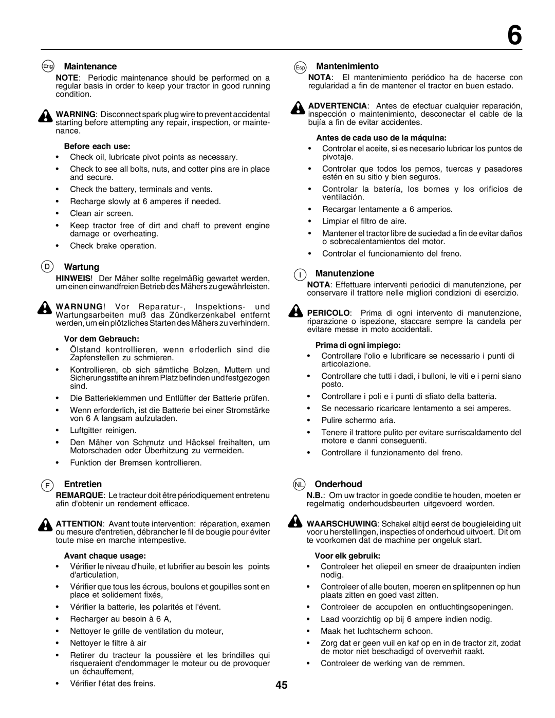 Husqvarna LT125 instruction manual Eng Maintenance, Esp Mantenimiento, Wartung, Entretien Manutenzione, NL Onderhoud 