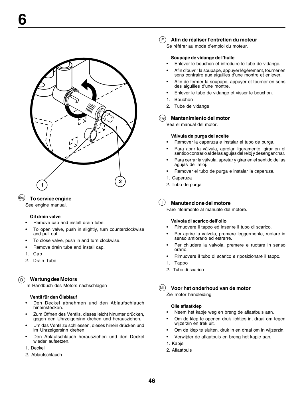 Husqvarna LT125 instruction manual Afin de réaliser l’entretien du moteur, Esp Mantenimiento del motor, Wartung des Motors 