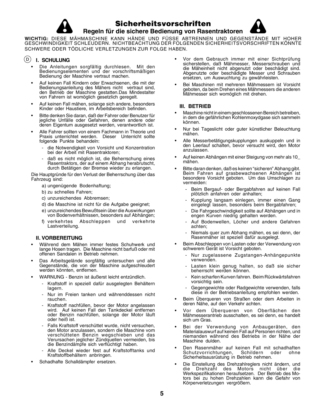 Husqvarna LT125 instruction manual Sicherheitsvorschriften, Schulung, II. Vorbereitung, III. Betrieb 