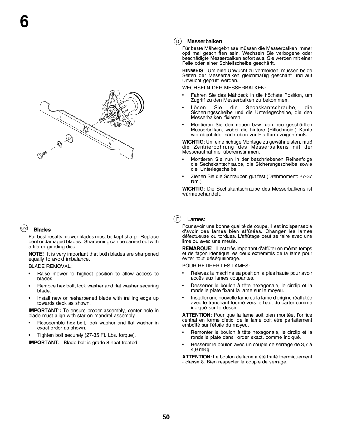 Husqvarna LT125 instruction manual Eng Blades, Messerbalken, Lames 