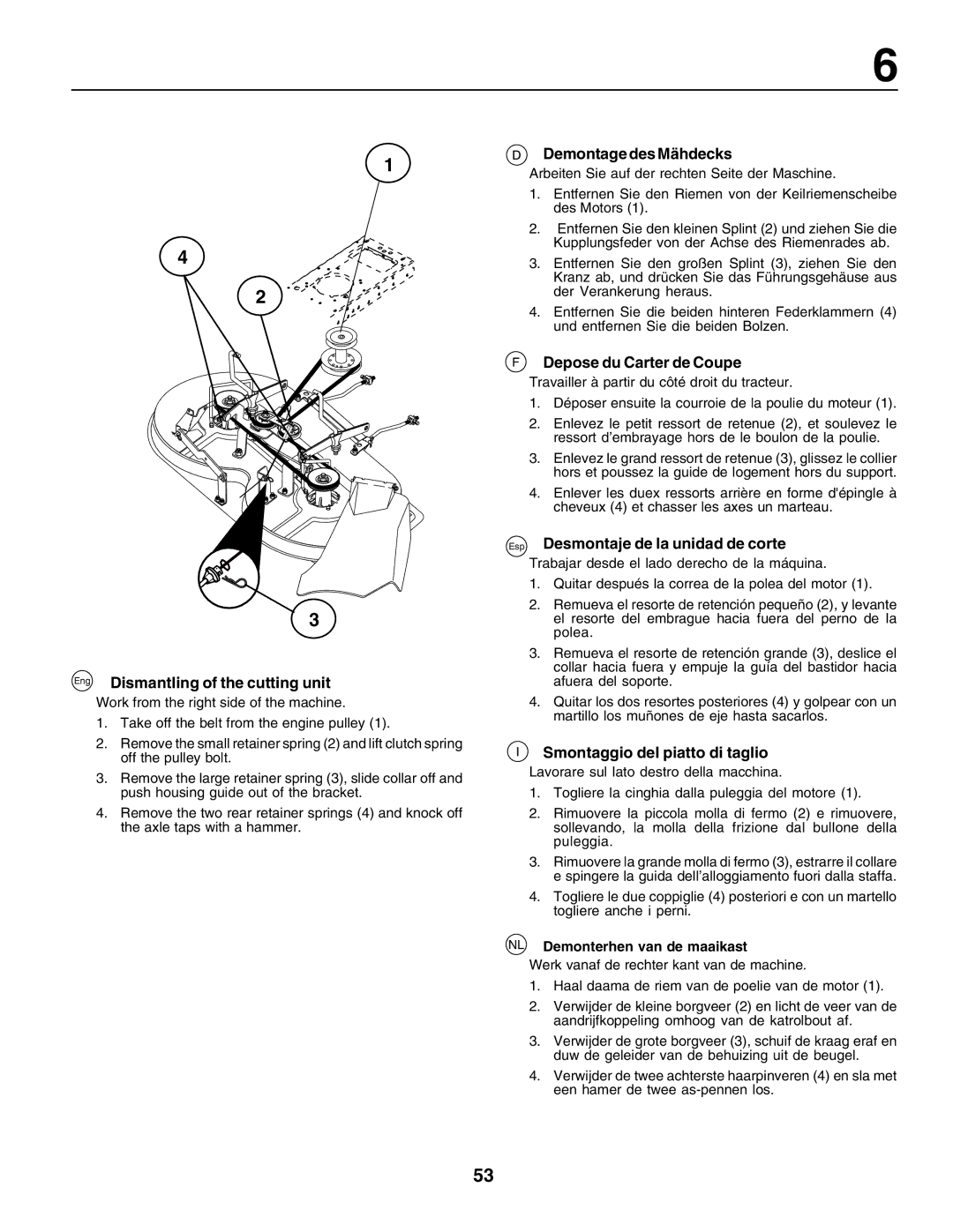 Husqvarna LT125 instruction manual Eng Dismantling of the cutting unit, Demontage des Mähdecks, Depose du Carter de Coupe 