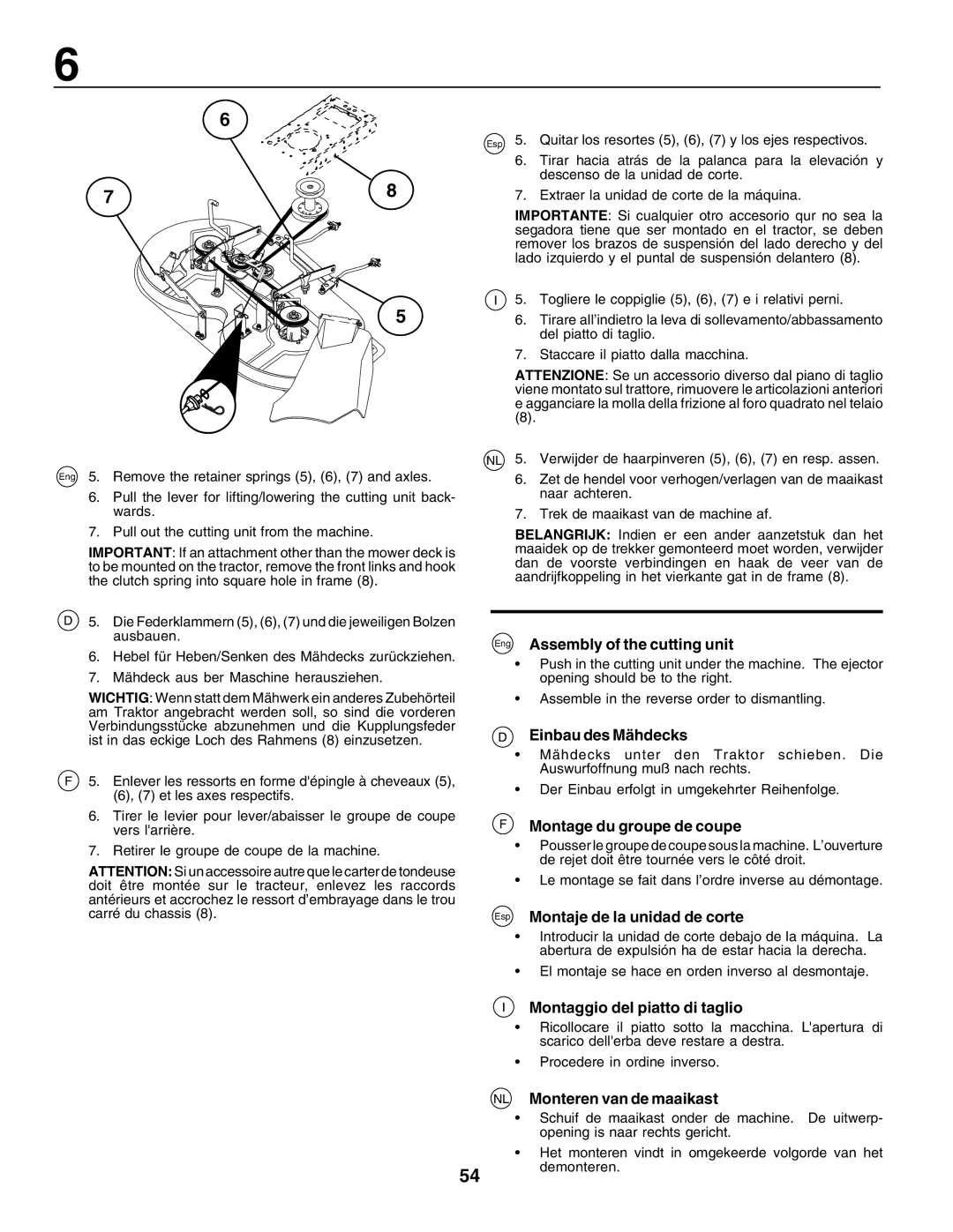 Husqvarna LT125 instruction manual Eng Assembly of the cutting unit, Einbau des Mähdecks, Montage du groupe de coupe 