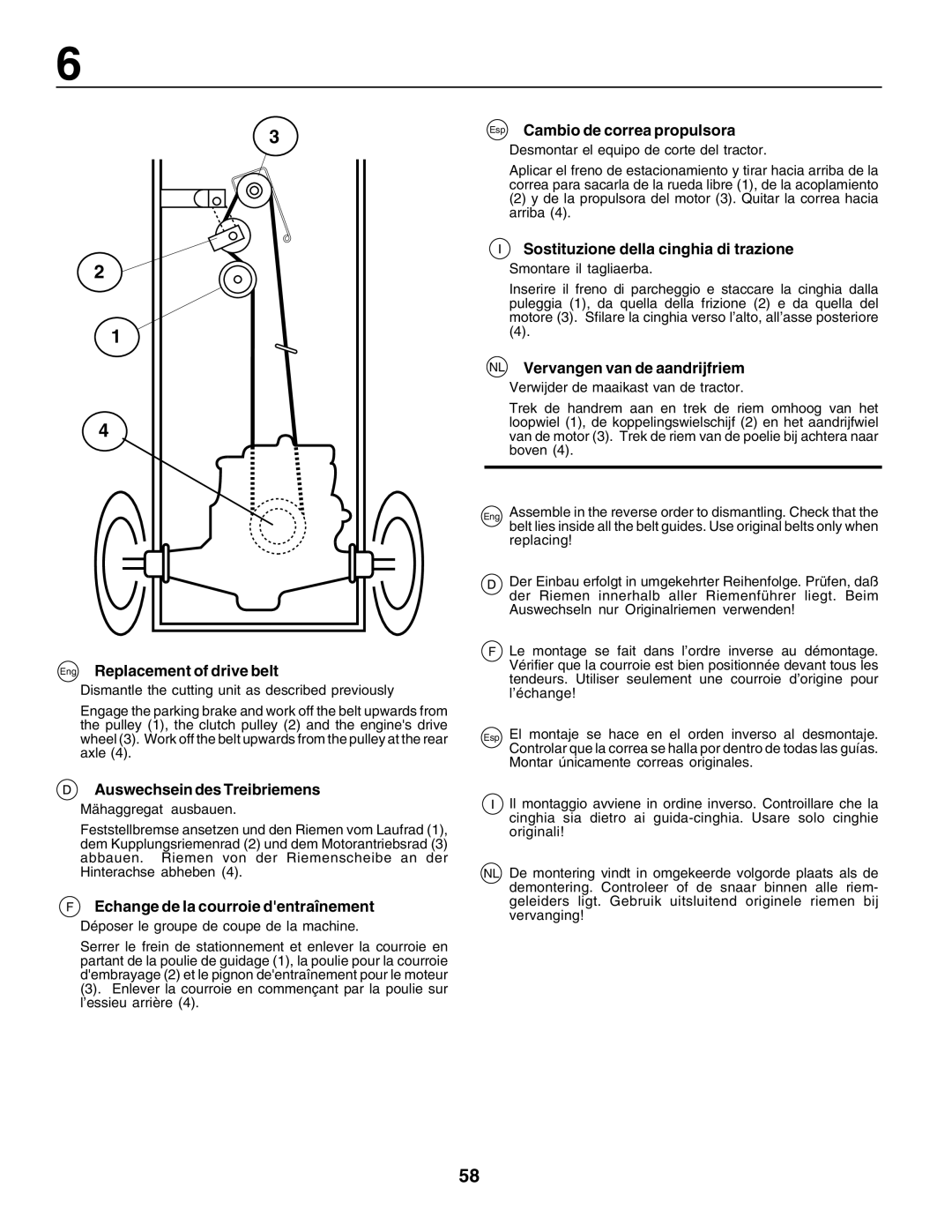 Husqvarna LT125 Eng Replacement of drive belt, Auswechsein des Treibriemens, Echange de la courroie dentraînement 