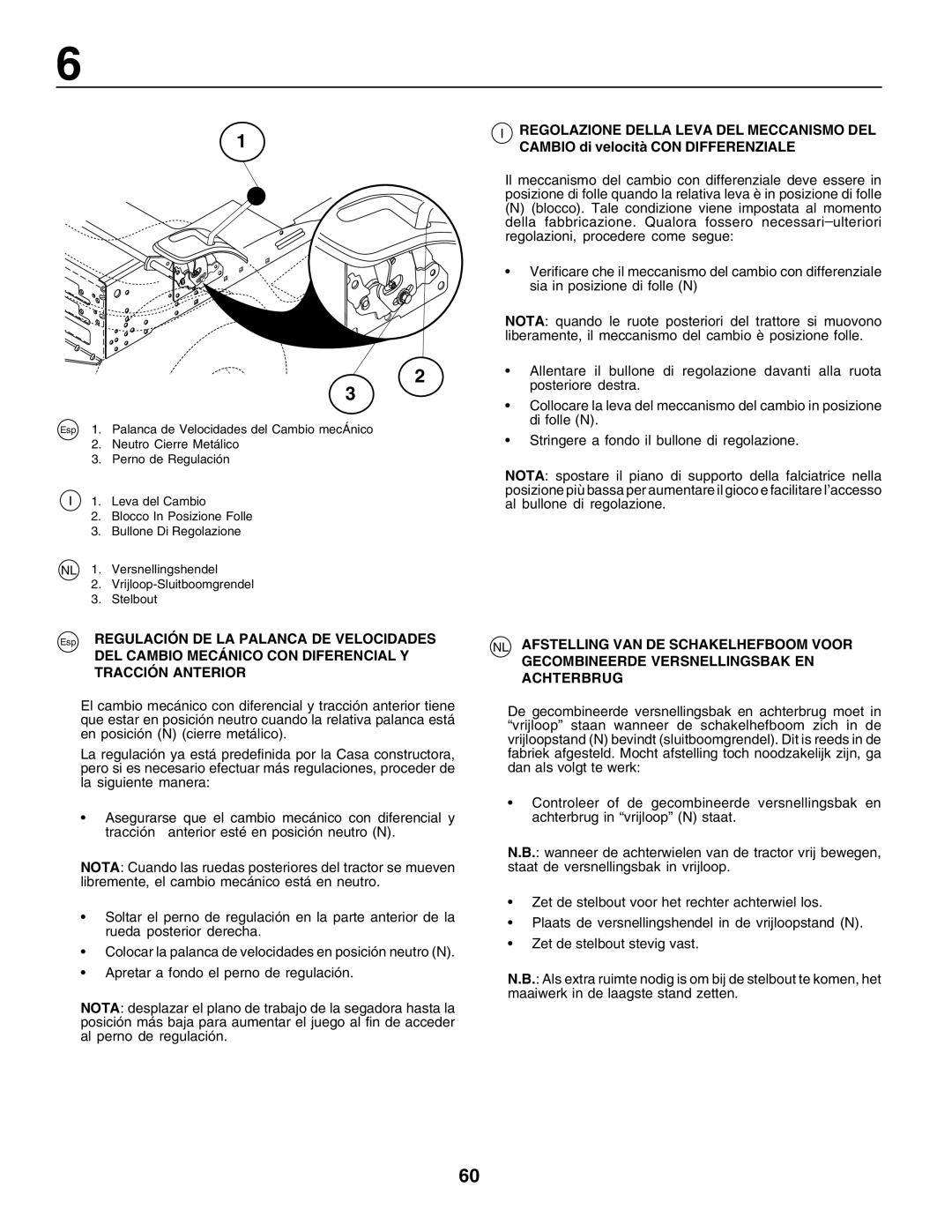 Husqvarna LT125 Esp Regulación DE LA Palanca DE Velocidades, DEL Cambio Mecánico CON Diferencial Y Tracción Anterior 