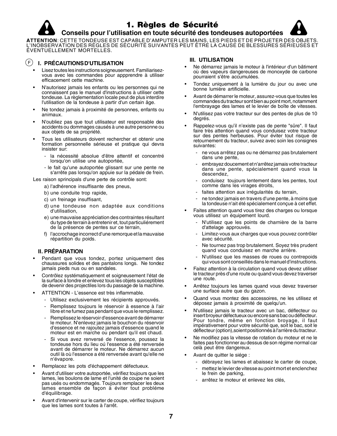 Husqvarna LT125 instruction manual Règles de Sécurité, Précautions Dutilisation, II. Préparation, III. Utilisation 