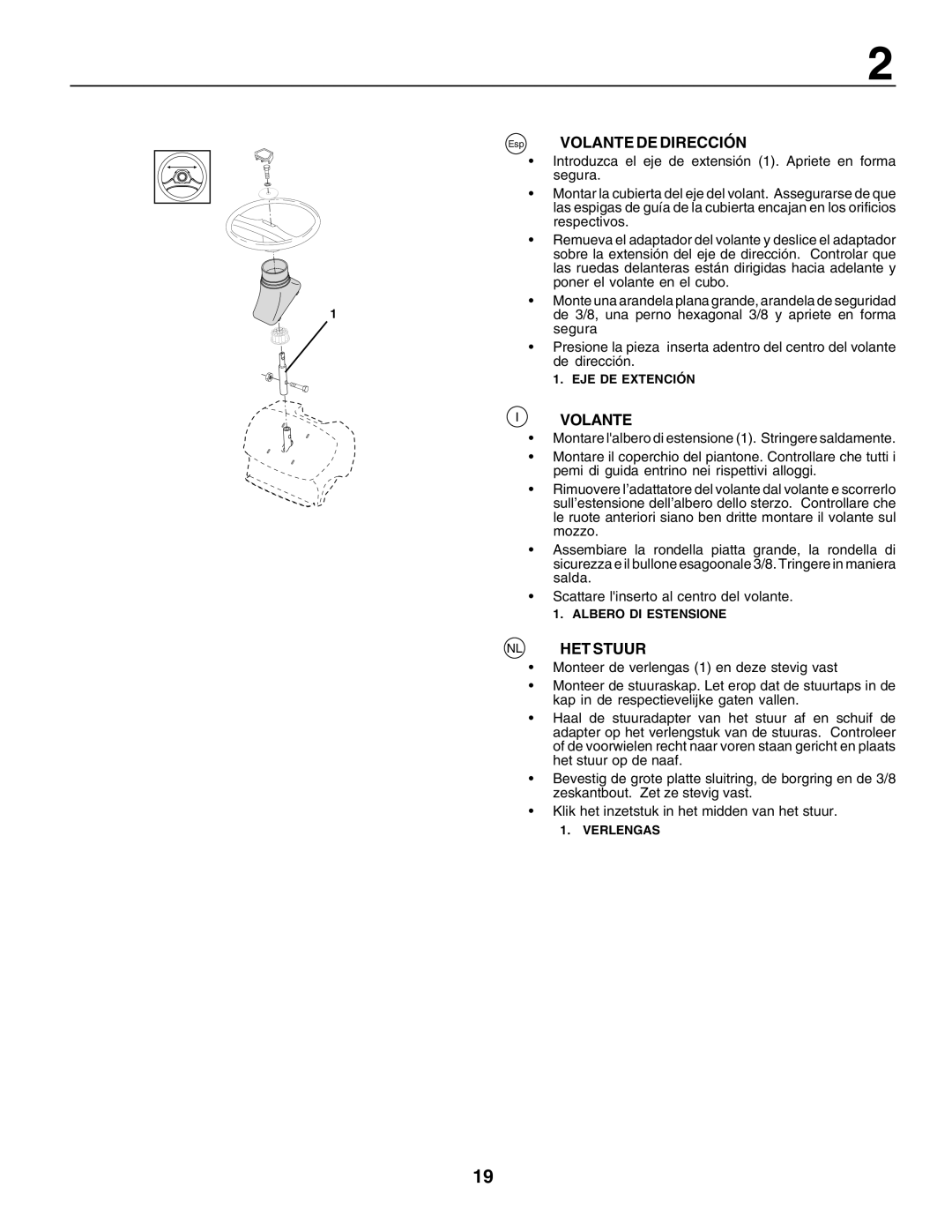 Husqvarna LT125 instruction manual Volante De Dirección, Nl Het Stuur, Eje De Extención, Albero Di Estensione, Verlengas 