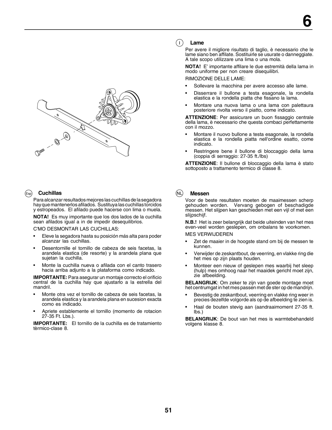 Husqvarna LT125 instruction manual Esp Cuchillas, Lame, NL Messen 