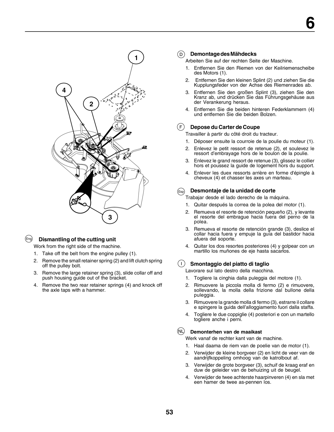 Husqvarna LT125 instruction manual Eng Dismantling of the cutting unit, Demontage des Mähdecks, F Depose du Carter de Coupe 