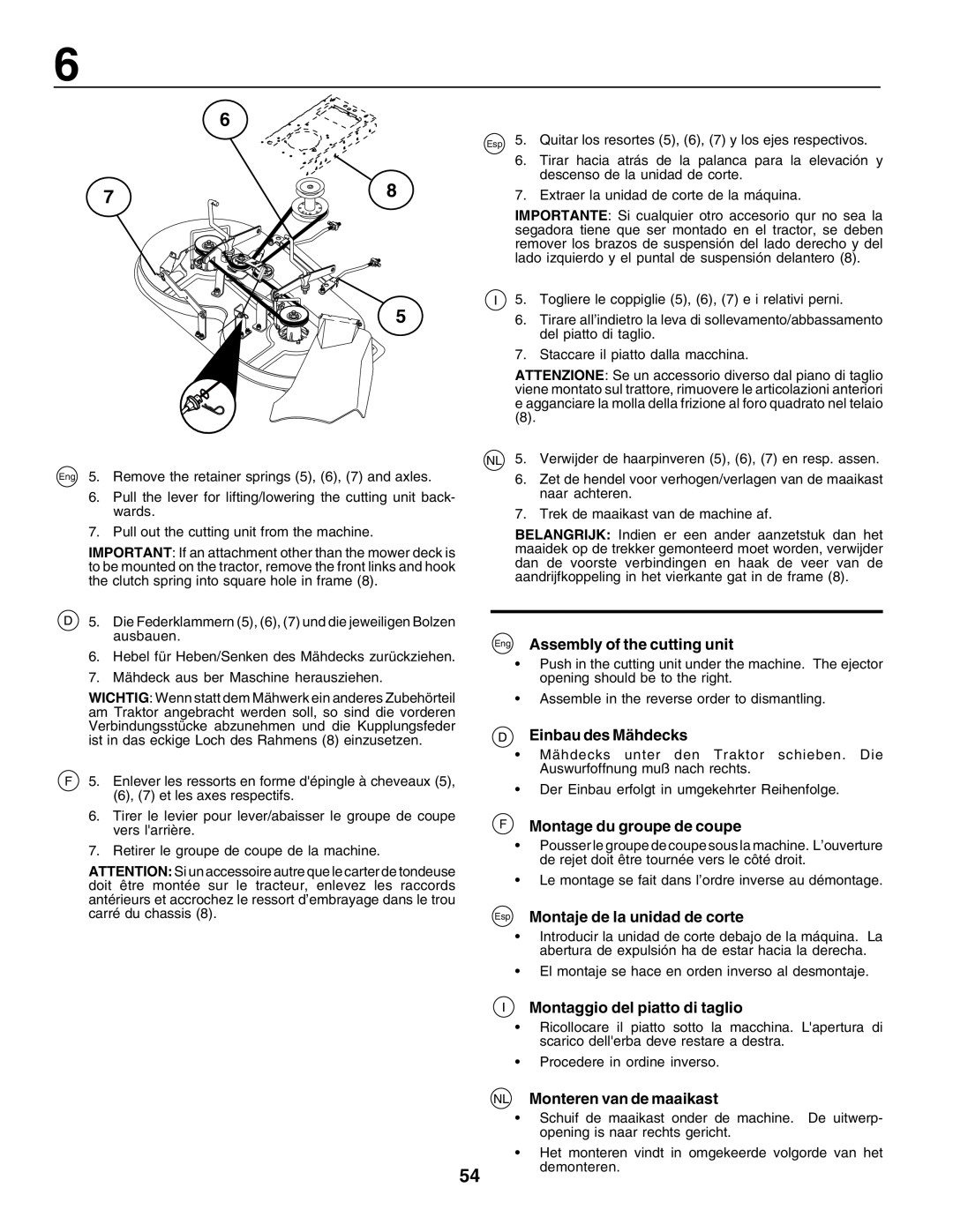 Husqvarna LT125 instruction manual Eng Assembly of the cutting unit, Einbau des Mähdecks, F Montage du groupe de coupe 