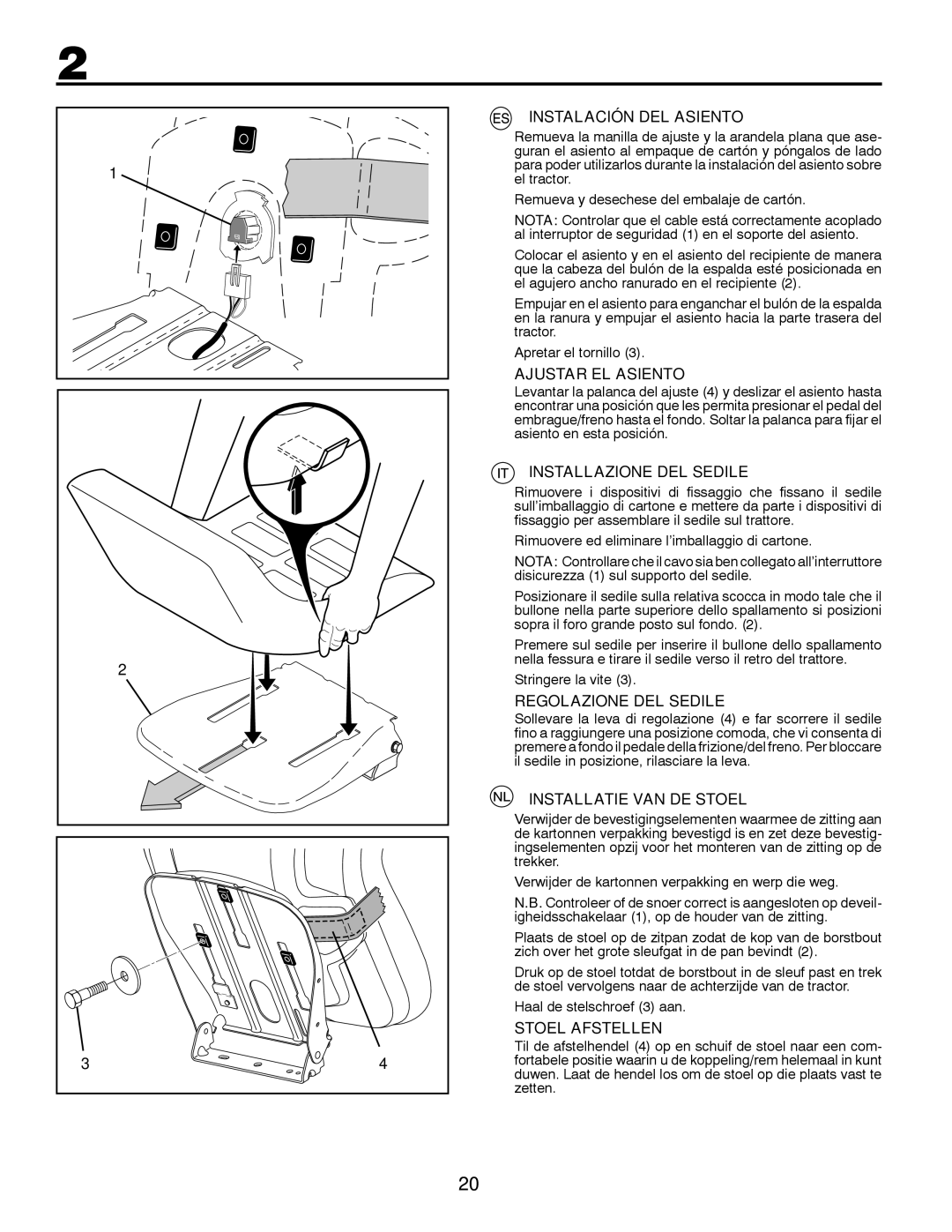 Husqvarna LT126 Instalación DEL Asiento, Ajustar EL Asiento, Installazione DEL Sedile, Regolazione DEL Sedile 