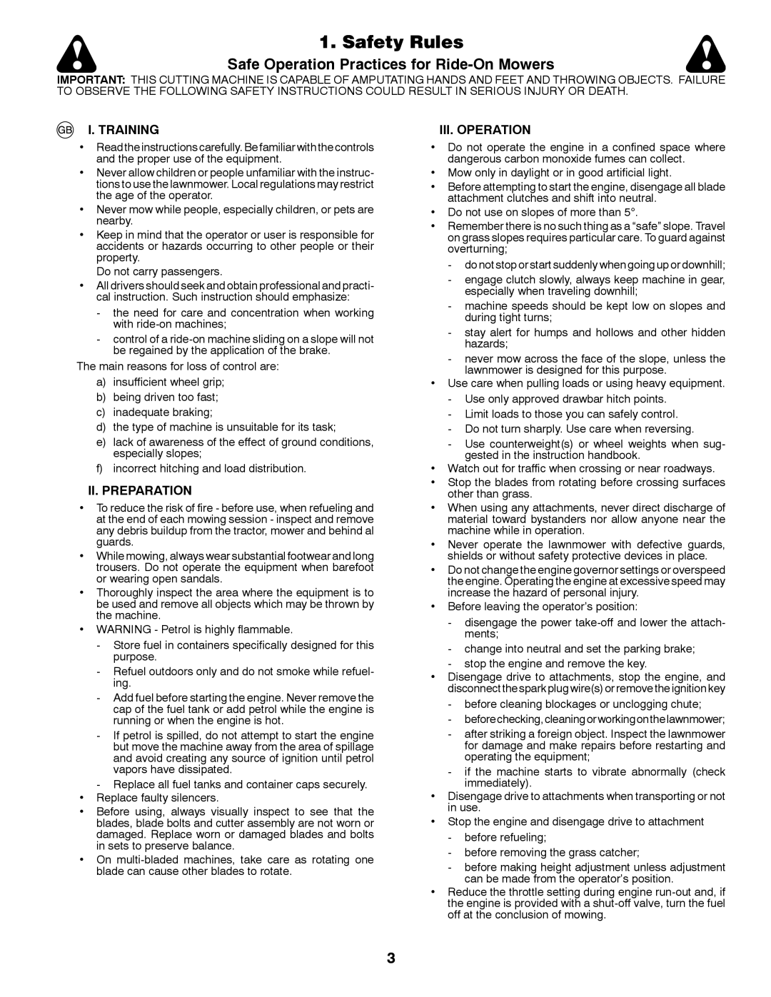 Husqvarna LT126 instruction manual Safety Rules, Training, II. Preparation, III. Operation 