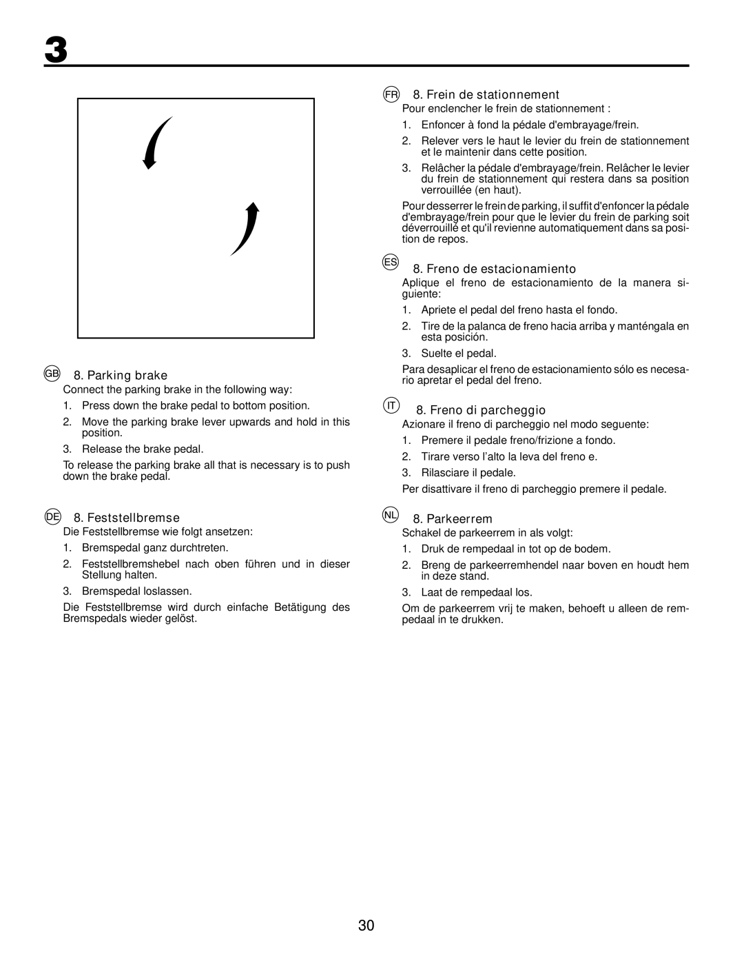 Husqvarna LT126 Parking brake, Feststellbremse, Frein de stationnement, Freno de estacionamiento, Freno di parcheggio 