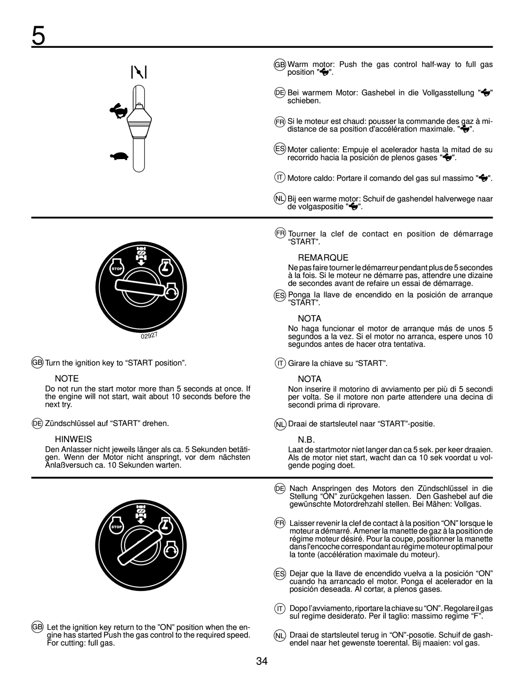 Husqvarna LT126 instruction manual Hinweis, Remarque, Nota 