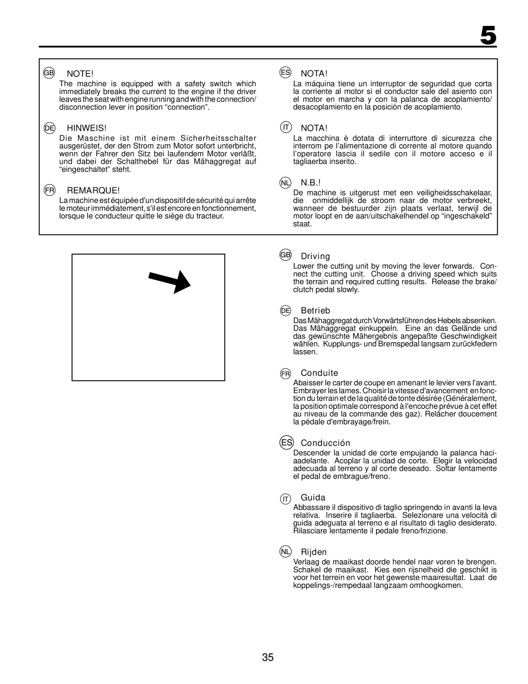 Husqvarna LT126 instruction manual Driving, Betrieb, Conduite, Conducción, Guida, Rijden 