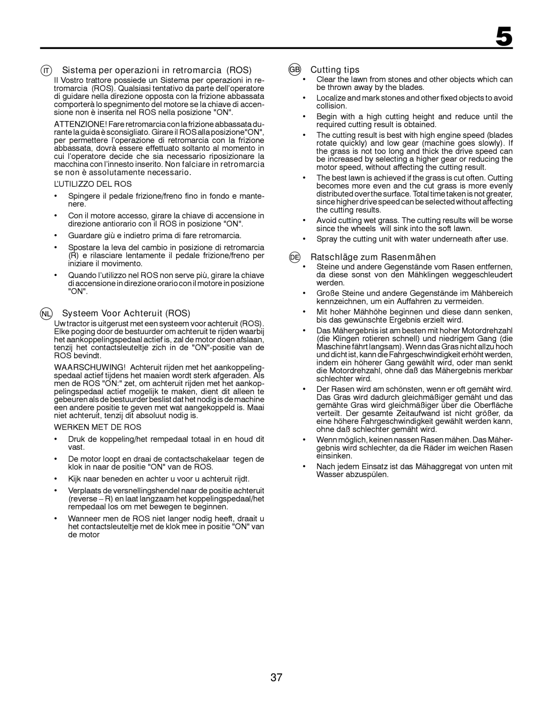 Husqvarna LT126 instruction manual Sistema per operazioni in retromarcia ROS, Systeem Voor Achteruit ROS, Cutting tips 