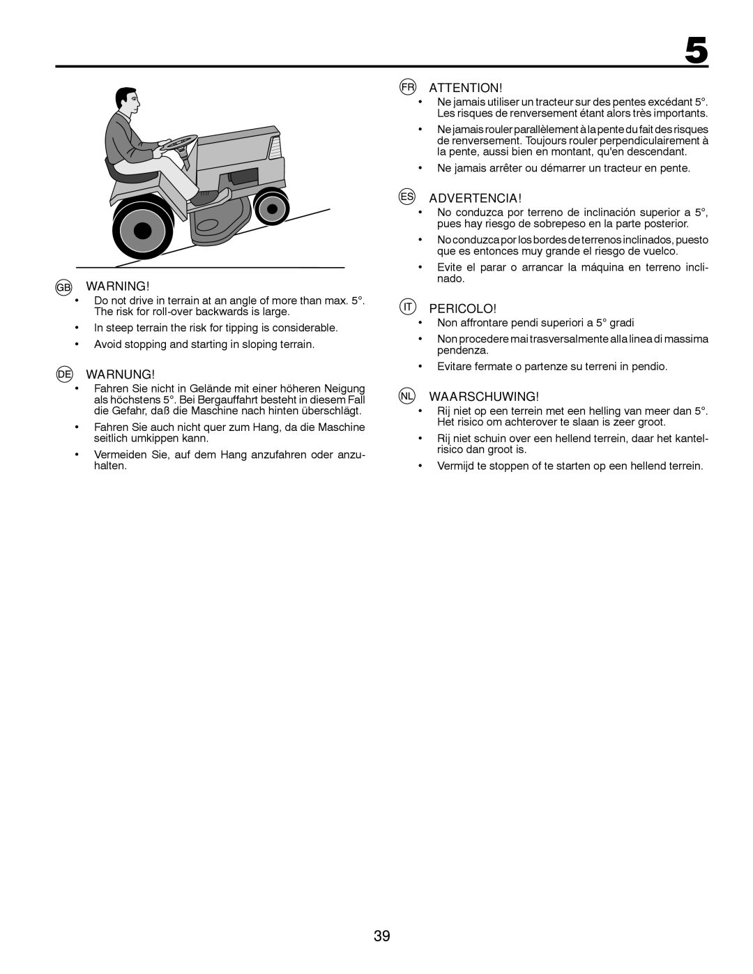 Husqvarna LT126 instruction manual Warnung, Advertencia, Pericolo, Waarschuwing 