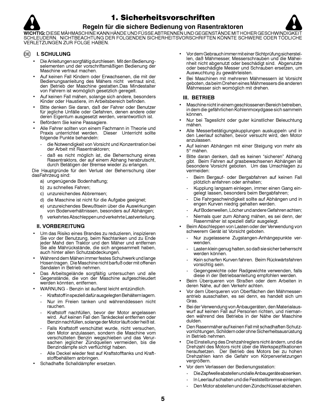 Husqvarna LT126 instruction manual Sicherheitsvorschriften, Schulung, II. Vorbereitung, III. Betrieb 