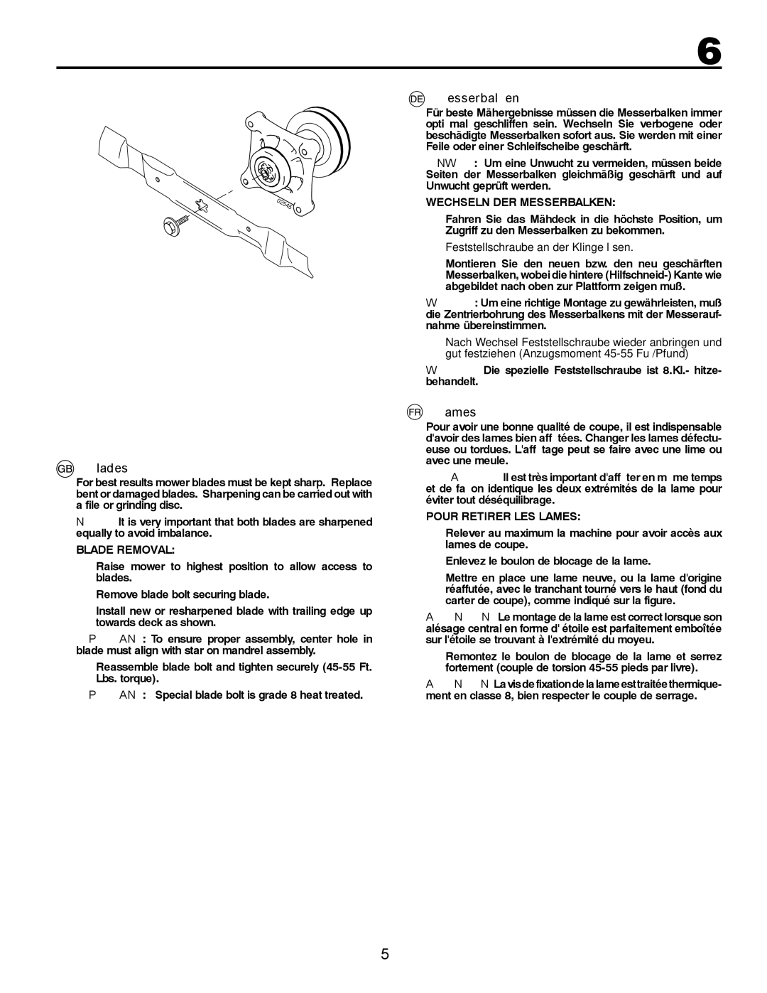 Husqvarna LT126 instruction manual Blades, Messerbalken, Lames 