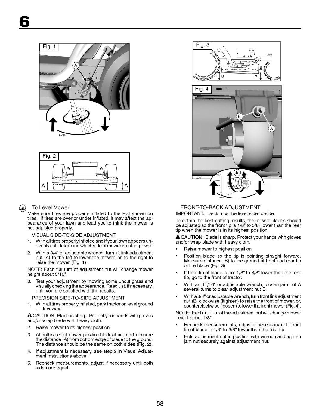 Husqvarna LT126 instruction manual To Level Mower, FRONT-TO-BACK Adjustment, Visual SIDE-TO-SIDE Adjustment 