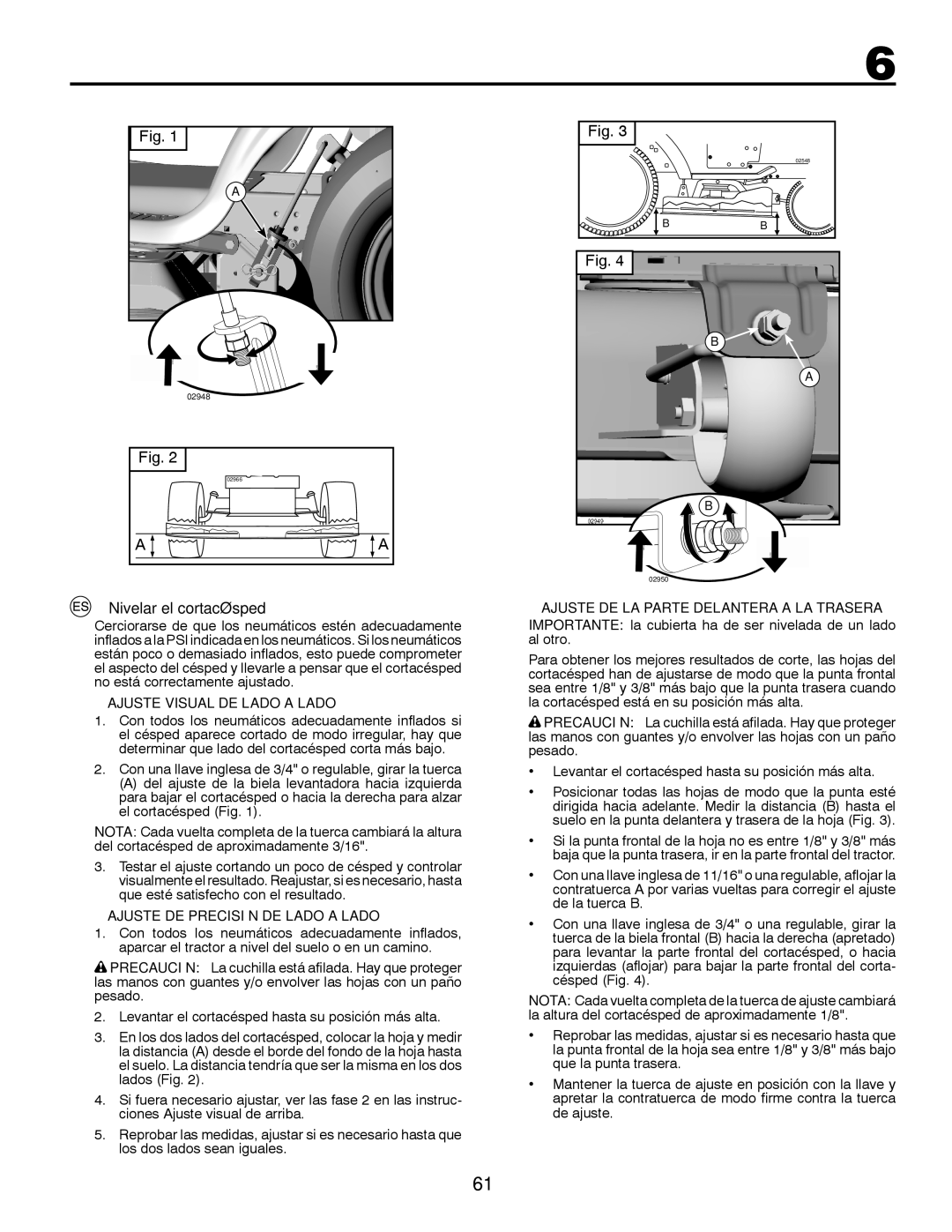 Husqvarna LT126 instruction manual Nivelar el cortacésped, Ajuste Visual DE Lado a Lado, Ajuste DE Precisión DE Lado a Lado 