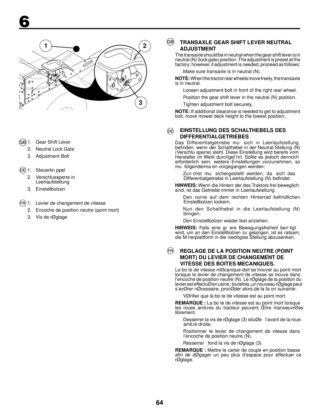 Husqvarna LT126 Transaxle Gear Shift Lever Neutral Adjustment, Einstellung DES Schalthebels DES Differentialgetriebes 