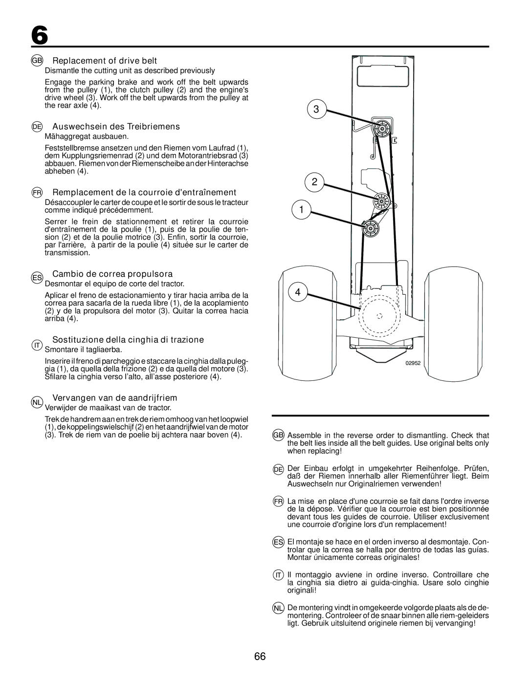 Husqvarna LT126 Replacement of drive belt, Auswechsein des Treibriemens, Remplacement de la courroie dentraînement 