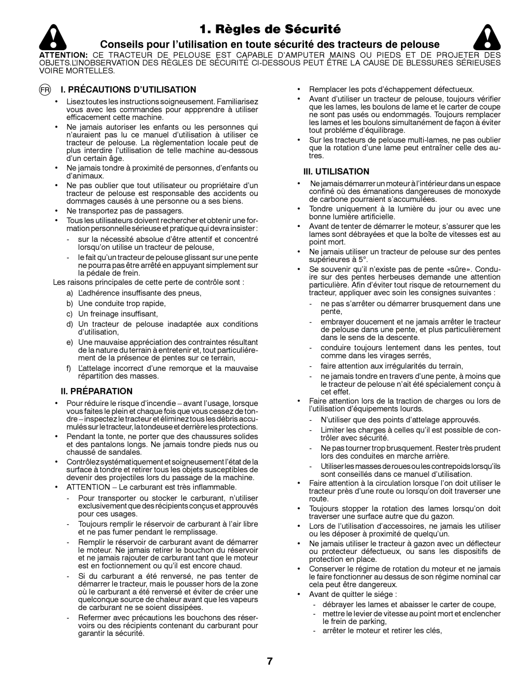 Husqvarna LT126 instruction manual Règles de Sécurité, Précautions D’UTILISATION, II. Préparation, III. Utilisation 