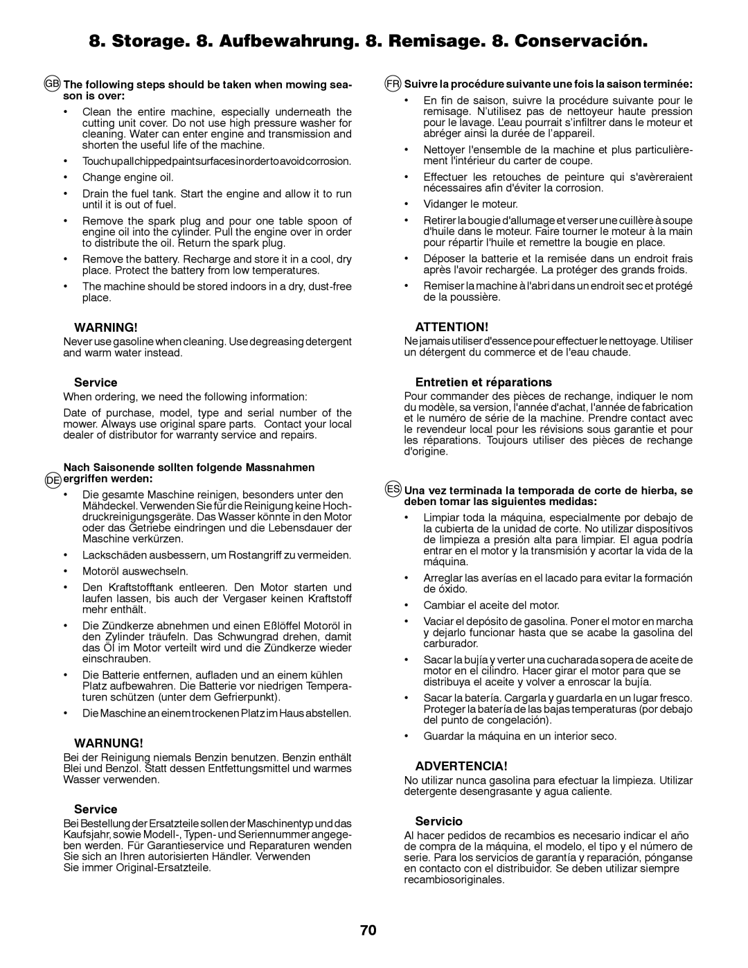 Husqvarna LT126 Storage . Aufbewahrung . Remisage . Conservación, Service, Entretien et réparations, Servicio 