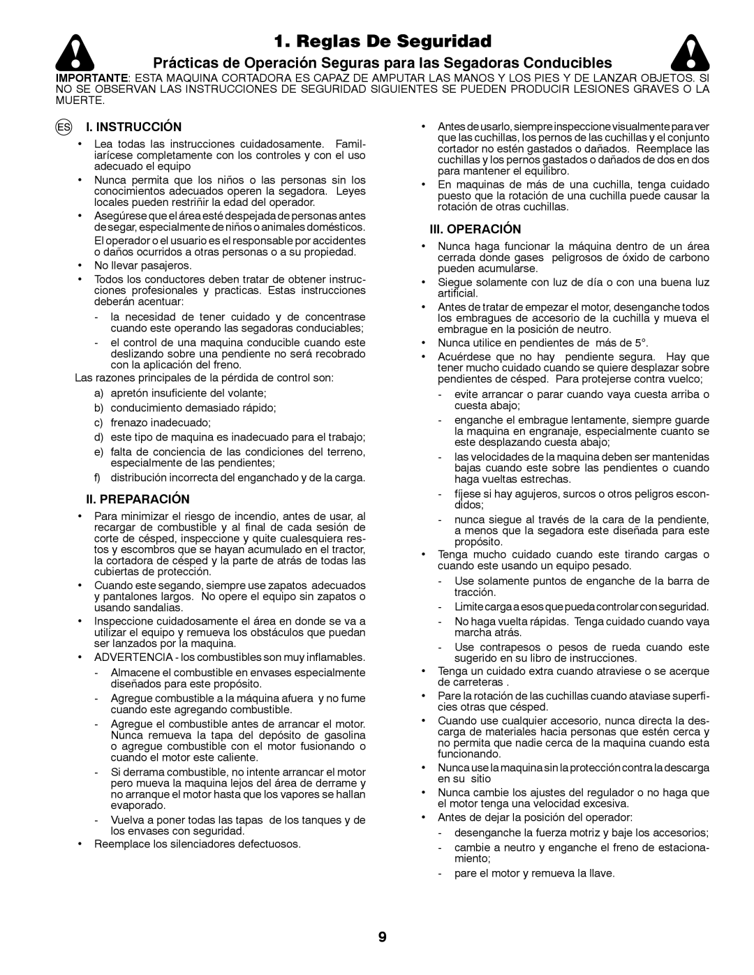 Husqvarna LT126 instruction manual Reglas De Seguridad, Instrucción, II. Preparación, III. Operación 