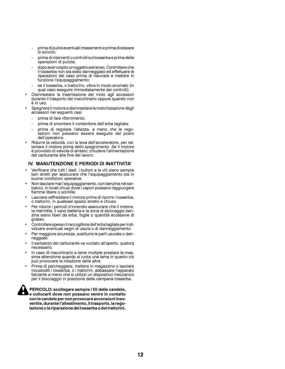 Husqvarna LT126 instruction manual Iv. Manutenzione E Periodi Di Inattivita’ 