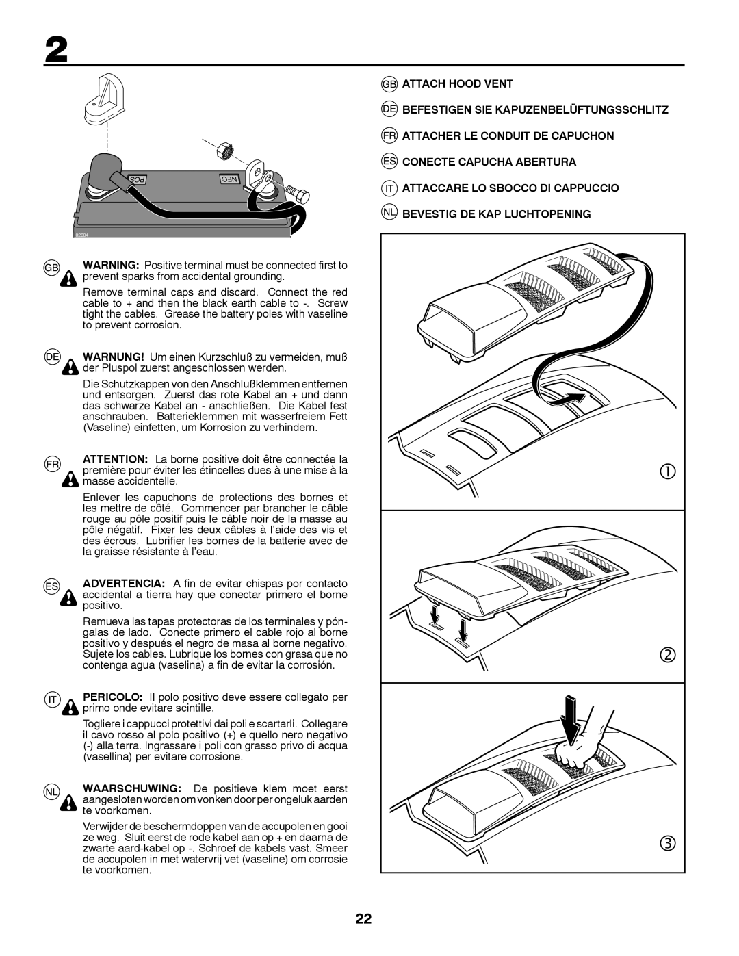 Husqvarna LT126 instruction manual Attach Hood Vent Befestigen Sie Kapuzenbelüftungsschlitz 