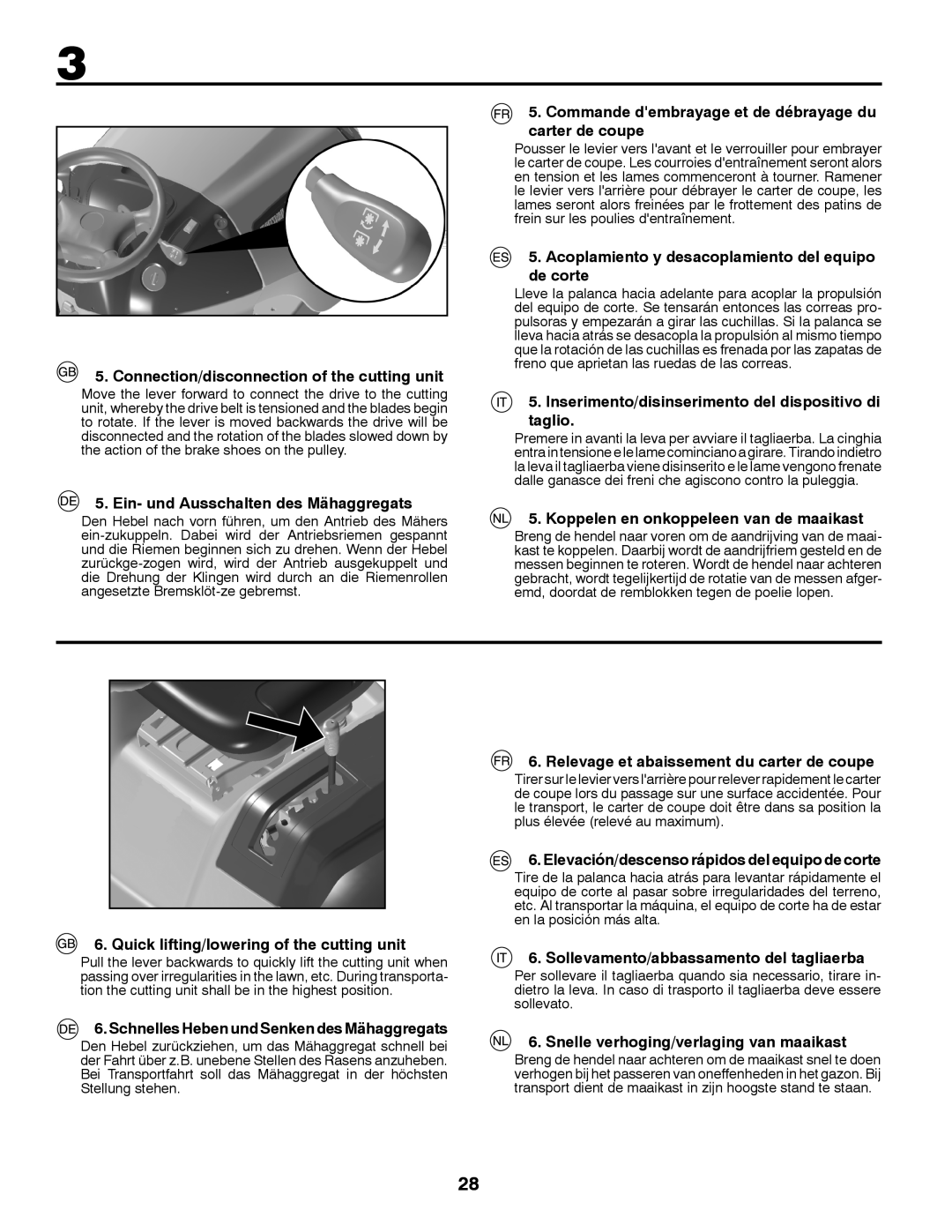 Husqvarna LT126 Connection/disconnection of the cutting unit, Commande dembrayage et de débrayage du carter de coupe 