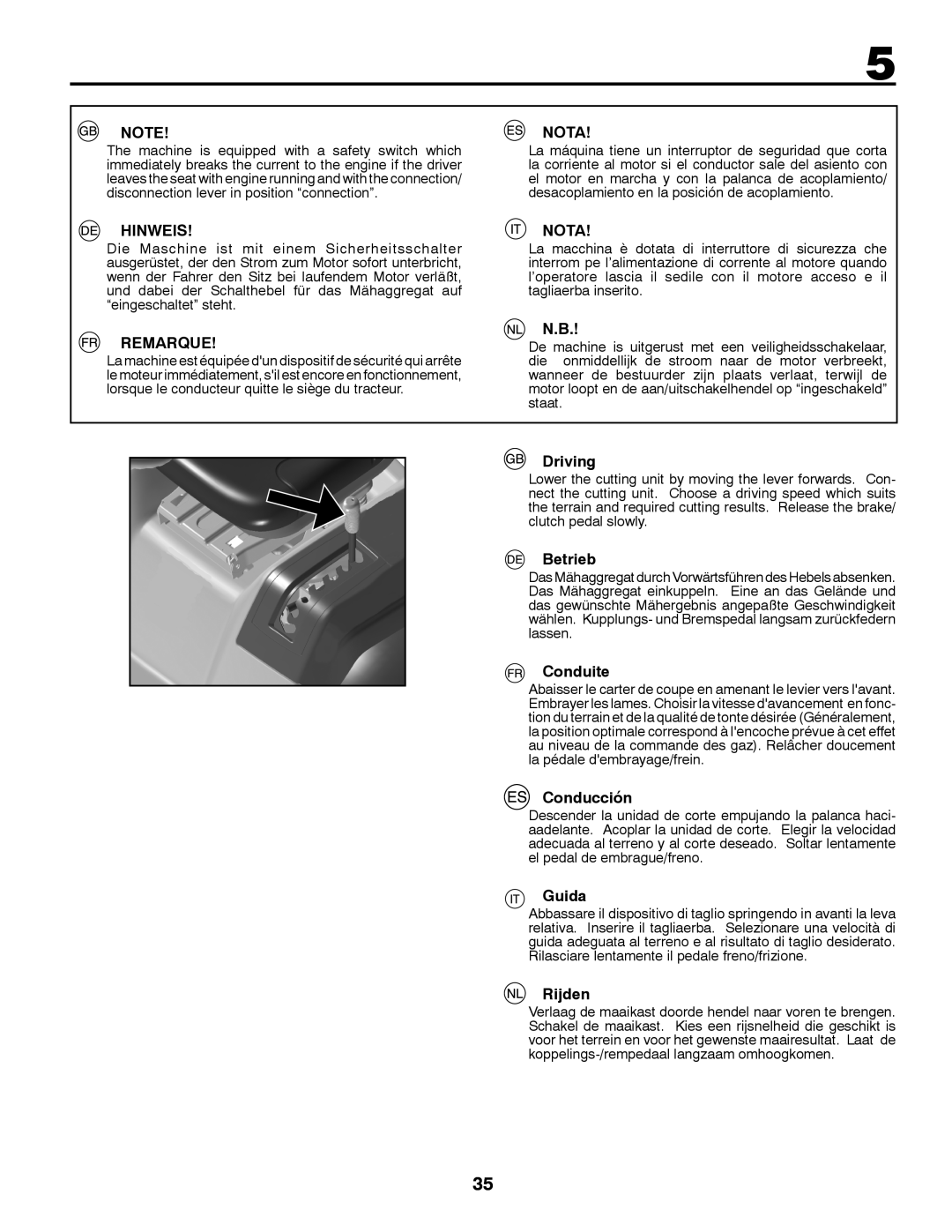 Husqvarna LT126 instruction manual Hinweis, Remarque, Nota, Driving, Betrieb, Conduite, Conducción, Guida, Rijden 