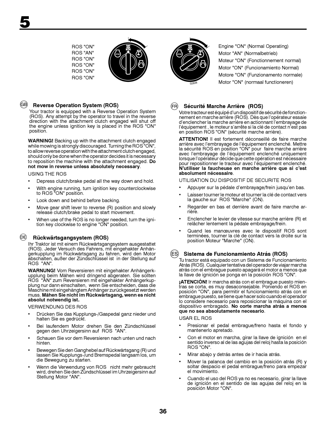 Husqvarna LT126 instruction manual Reverse Operation System ROS, Rückwärtsgangsystem ROS, Sécurité Marche Arrière ROS 