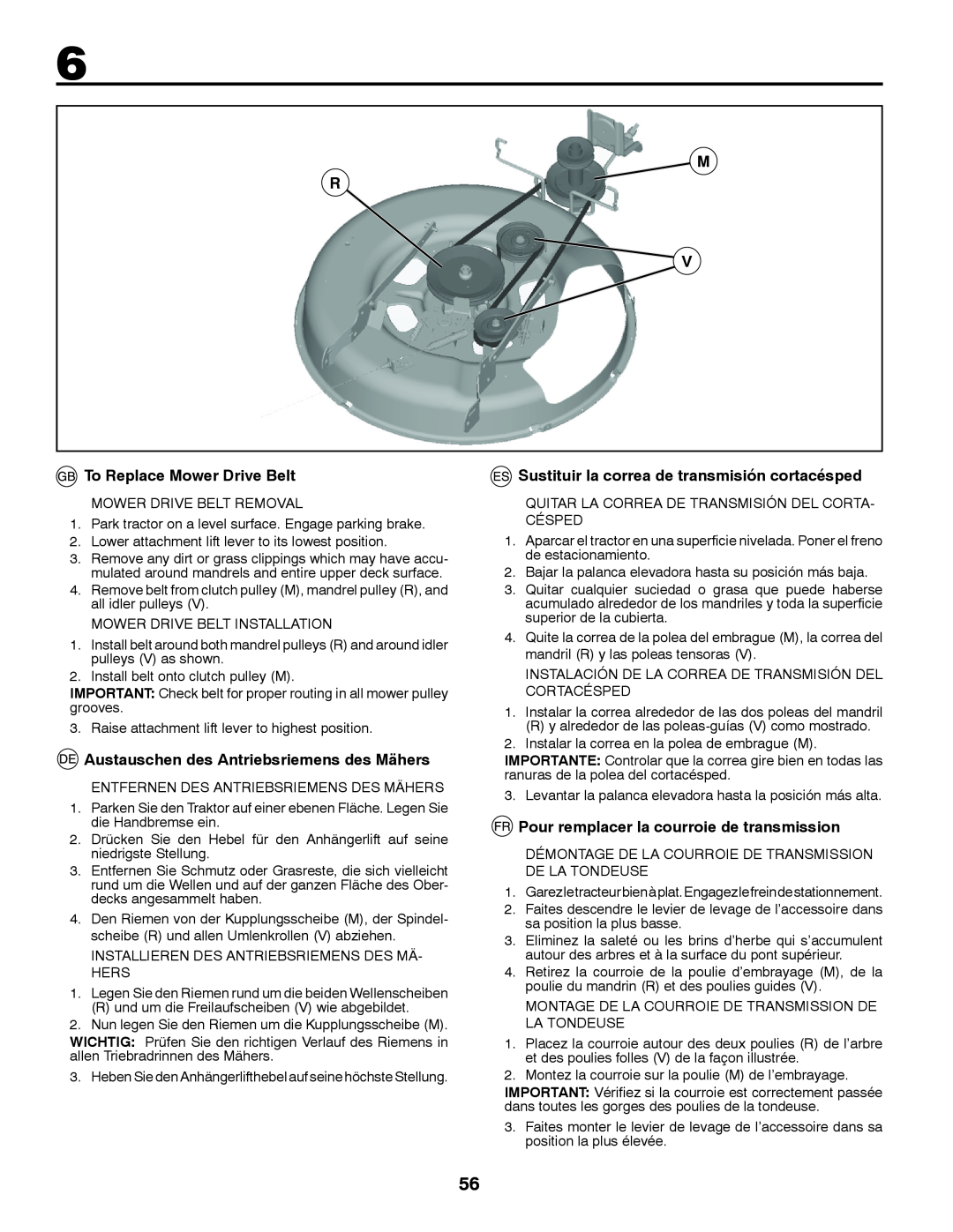 Husqvarna LT126 instruction manual To Replace Mower Drive Belt, Austauschen des Antriebsriemens des Mähers 