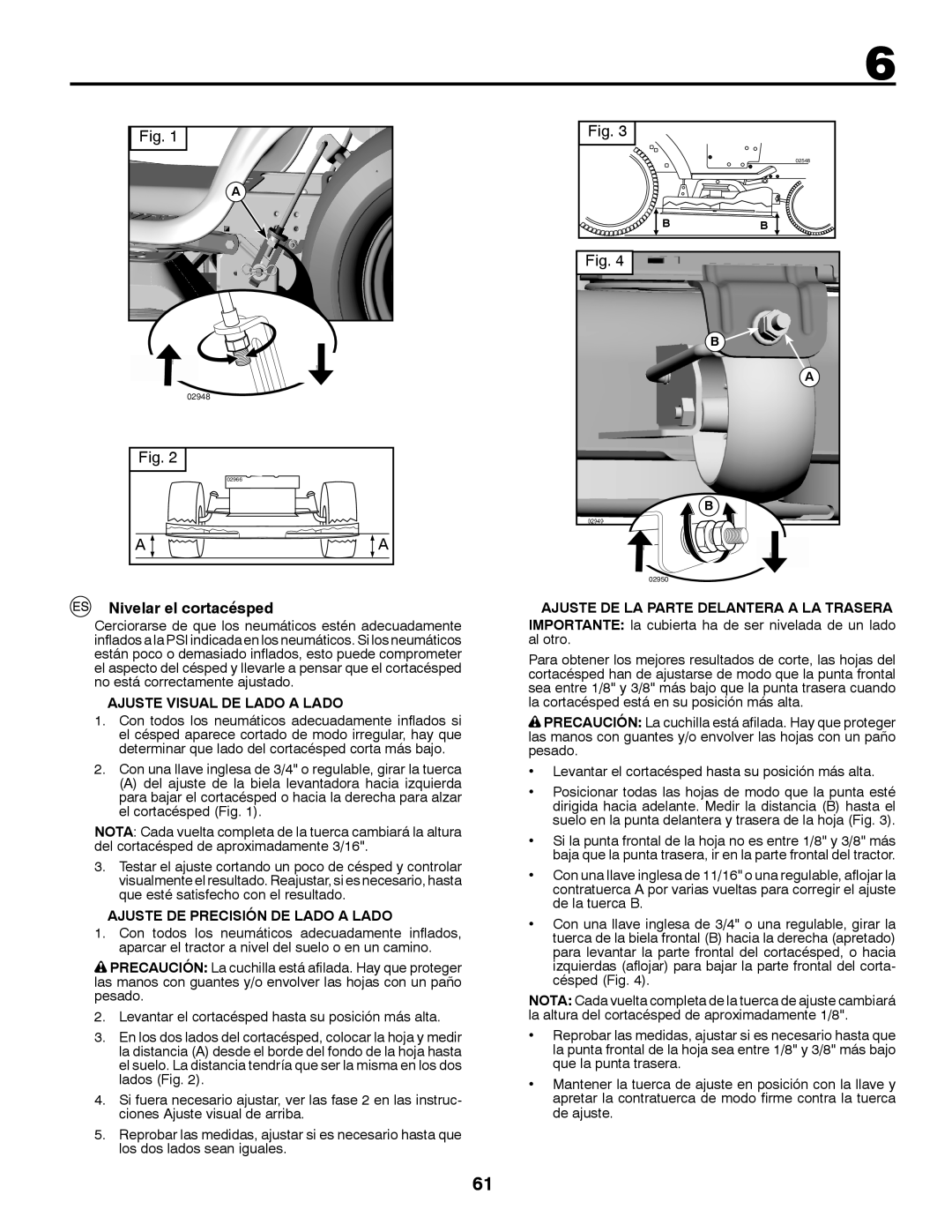 Husqvarna LT126 instruction manual Nivelar el cortacésped, Ajuste Visual De Lado A Lado, Ajuste De Precisión De Lado A Lado 