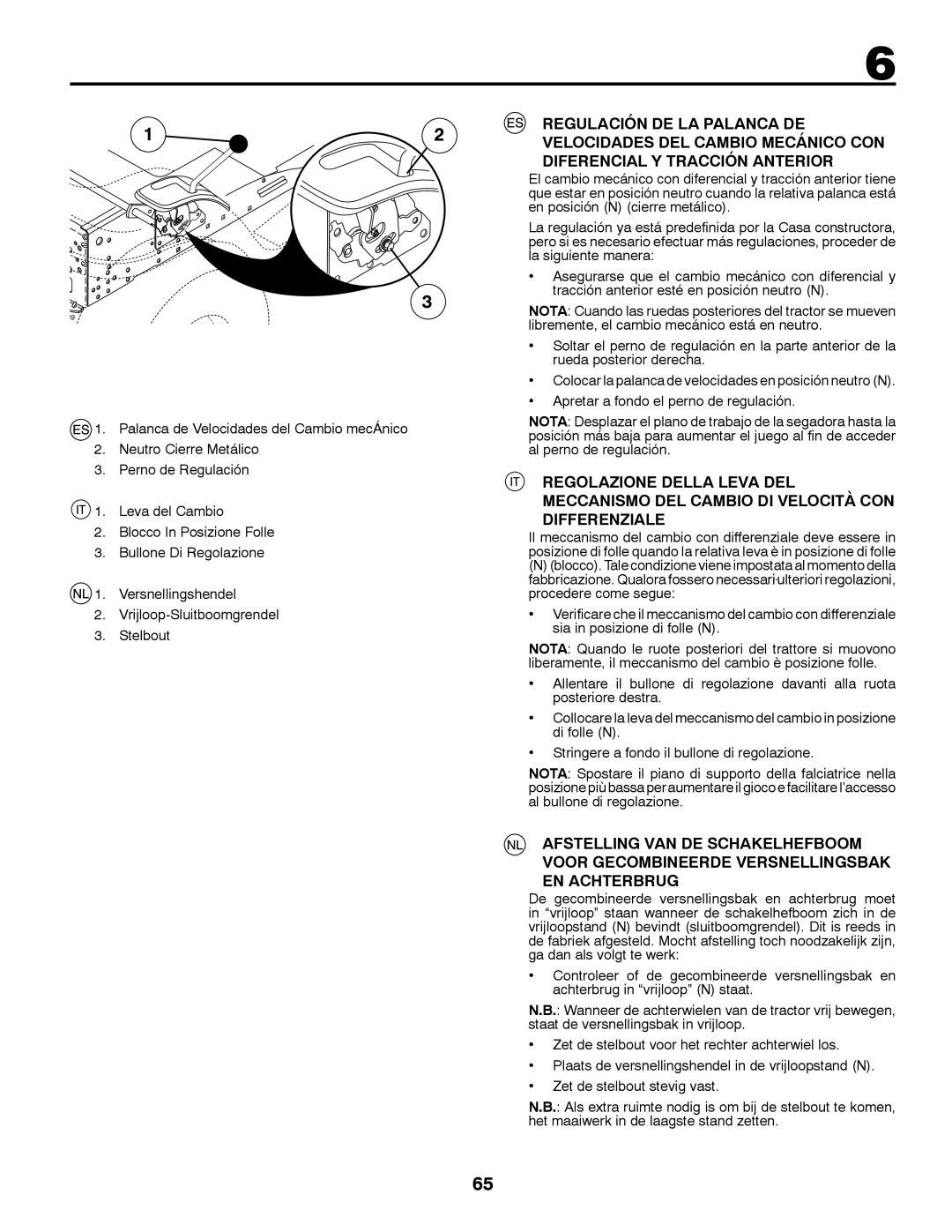Husqvarna LT126 Regulación De La Palanca De Velocidades Del Cambio Mecánico Con Diferencial Y Tracción Anterior 