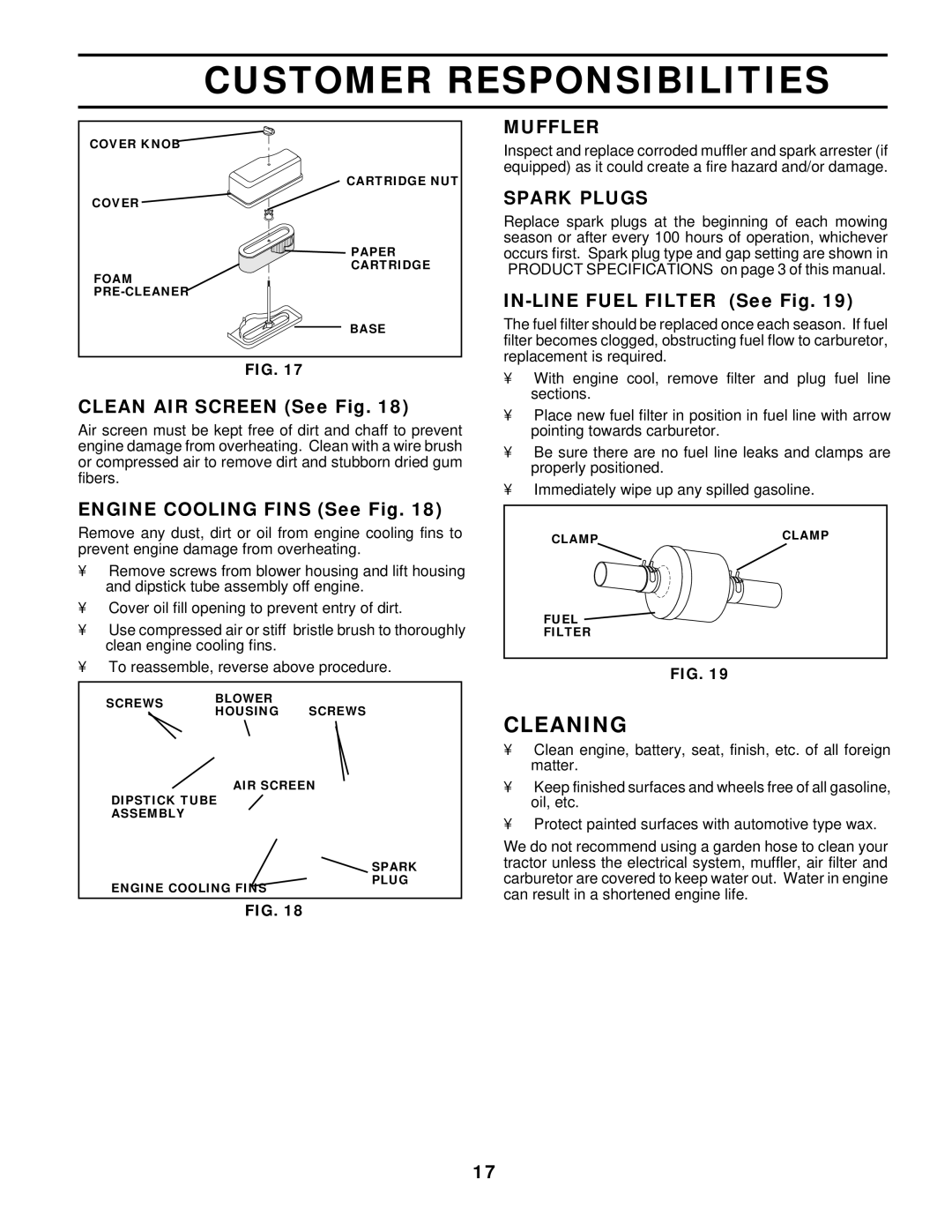 Husqvarna LT130 owner manual Cleaning, Muffler, Spark Plugs 