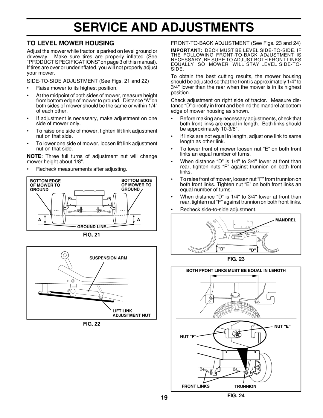 Husqvarna LT130 owner manual To Level Mower Housing, FRONT-TO-BACK Adjustment See Figs 