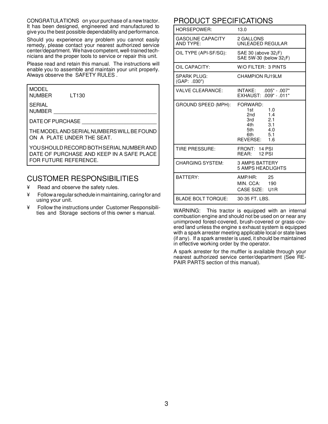 Husqvarna owner manual Customer Responsibilities, Product Specifications, Model Number LT130 Serial 