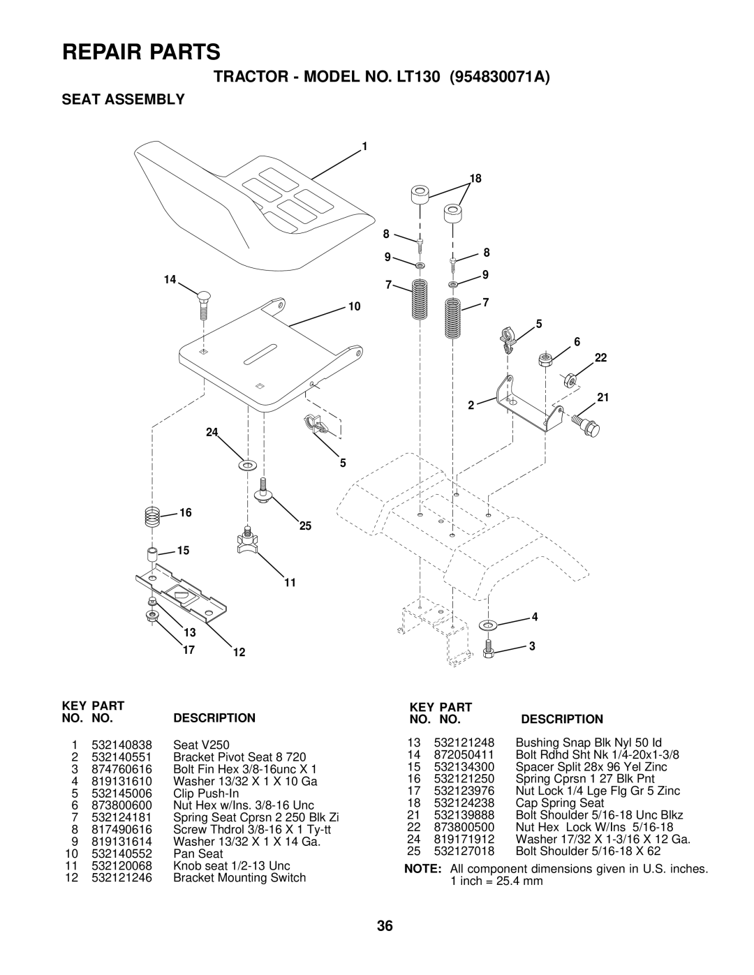 Husqvarna LT130 owner manual Seat Assembly 